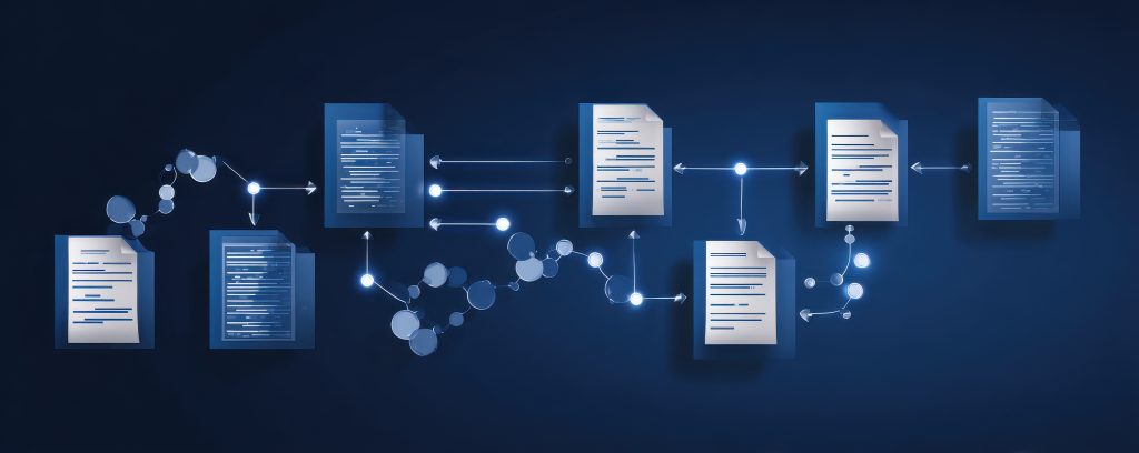 graphic workflow where datum moves in a remote chain synchronized with approval protocols and planning required for a contract solution