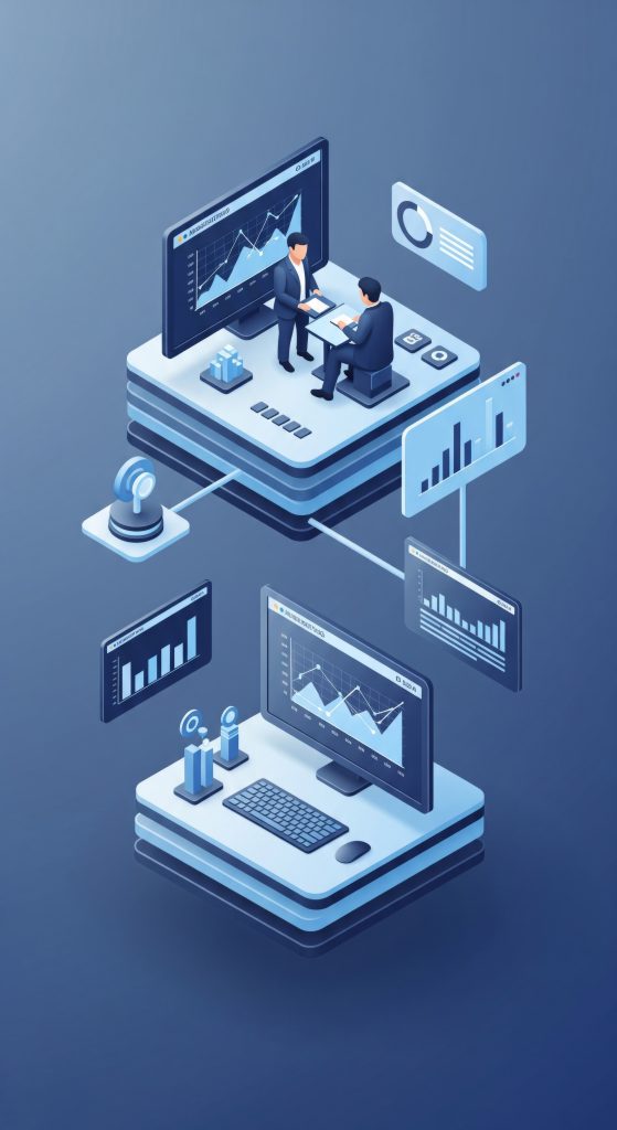 businessmen analyzing data with charts on screens in office setting